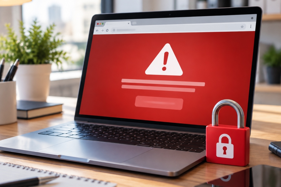 Laptop displaying a website security warning after an outdated site was hacked