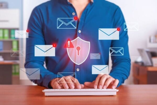 Person checking spam email and security